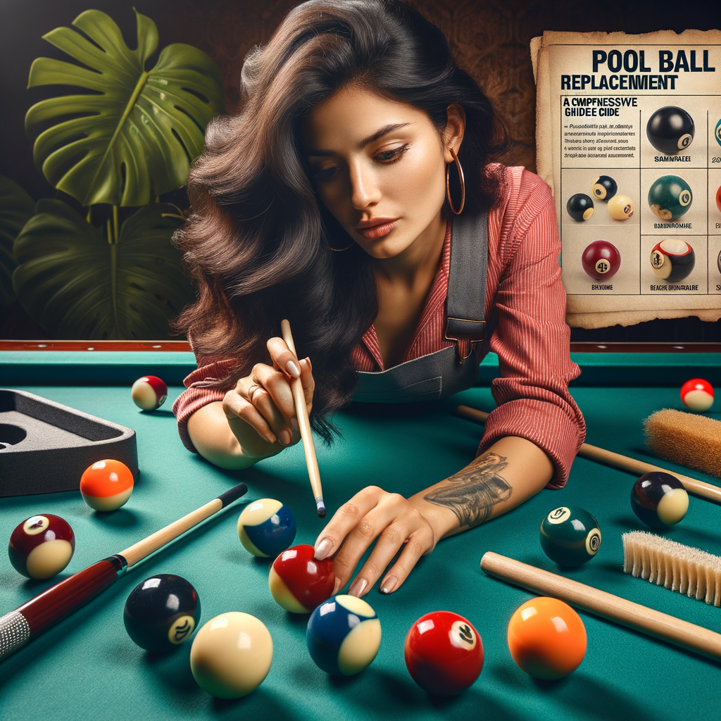Professional billiards player examining worn-out billiard balls on a pool table, indicating signs of pool ball wear and tear and the need for billiard balls replacement, with a pool ball replacement guide and maintenance tools for billiard equipment upkeep to ensure billiard ball quality.
