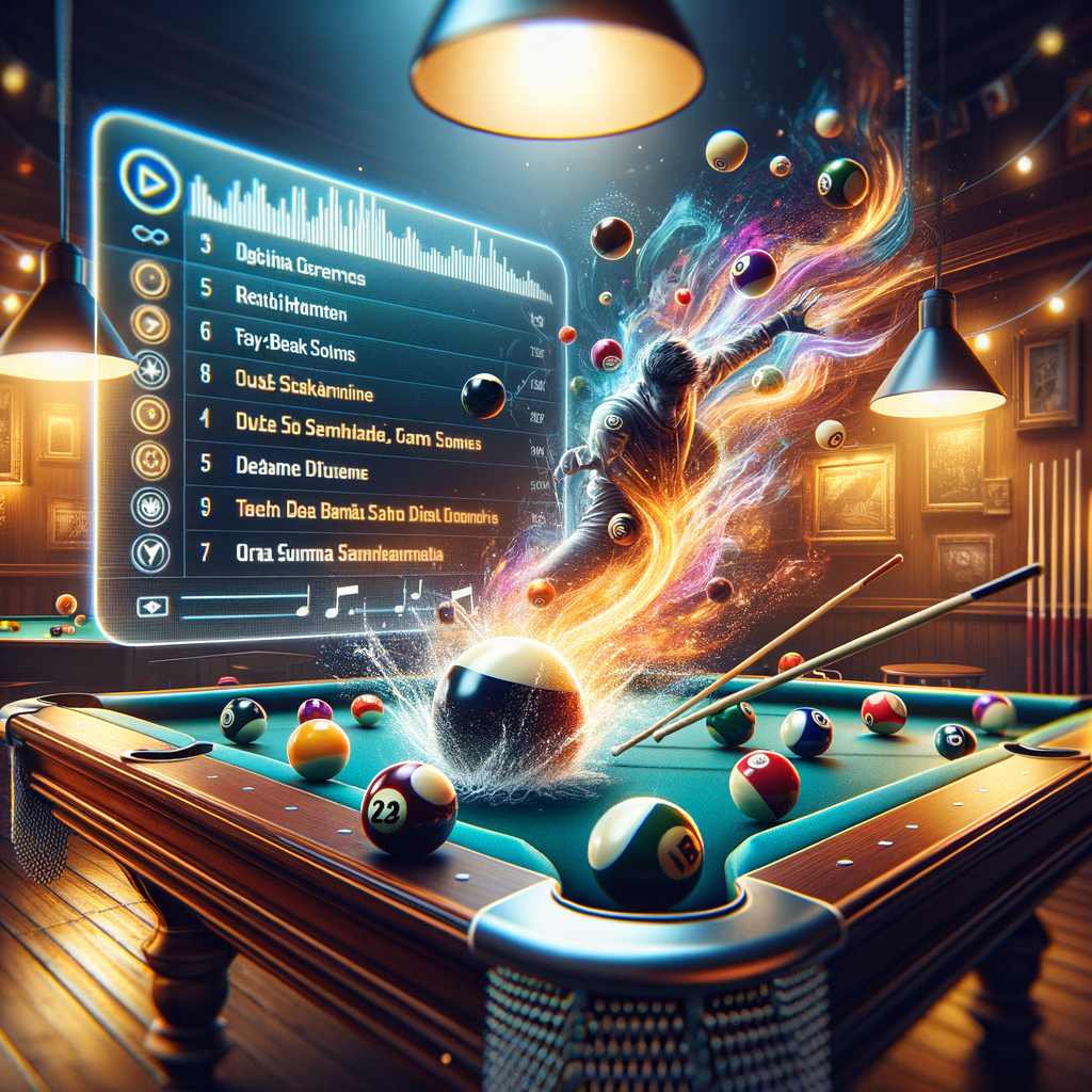 Exciting billiards game in progress with a visible billiards music playlist, highlighting the best soundtrack for playing pool and the rhythm of billiards background music.