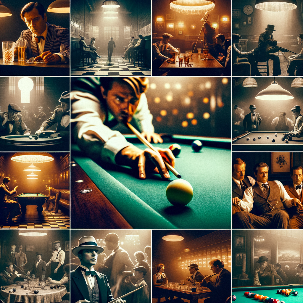 Collage of classic billiards scenes from vintage movies and retro TV shows, showcasing the rich history of billiards in old Hollywood and classic cinema.