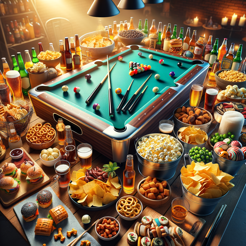 Vibrant billiards game night scene with perfect snacks, drinks for a perfect game night, and billiards equipment, showcasing game night food ideas and drinks for billiards night.
