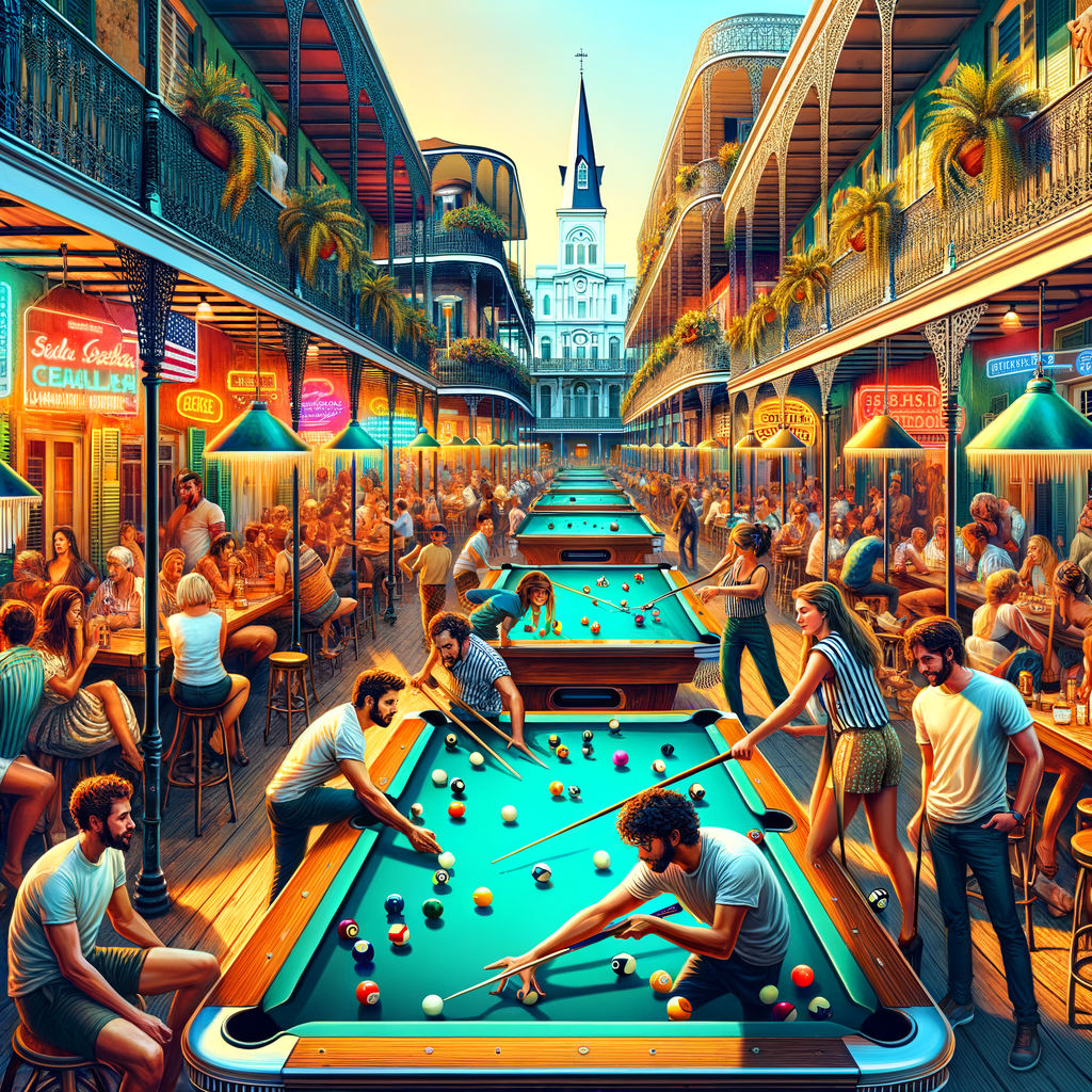 Vibrant New Orleans billiards scene at top billiards bars, clubs, and pool halls, showcasing best billiards joints in New Orleans with unique city architecture backdrop.