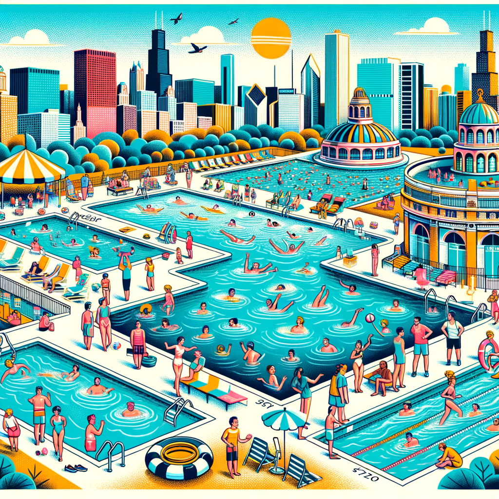 Collage of top-rated Chicago pool spots featuring luxury skyline views, bustling family-friendly pools, and serene summer swimming spots in Chicago's best pool places.