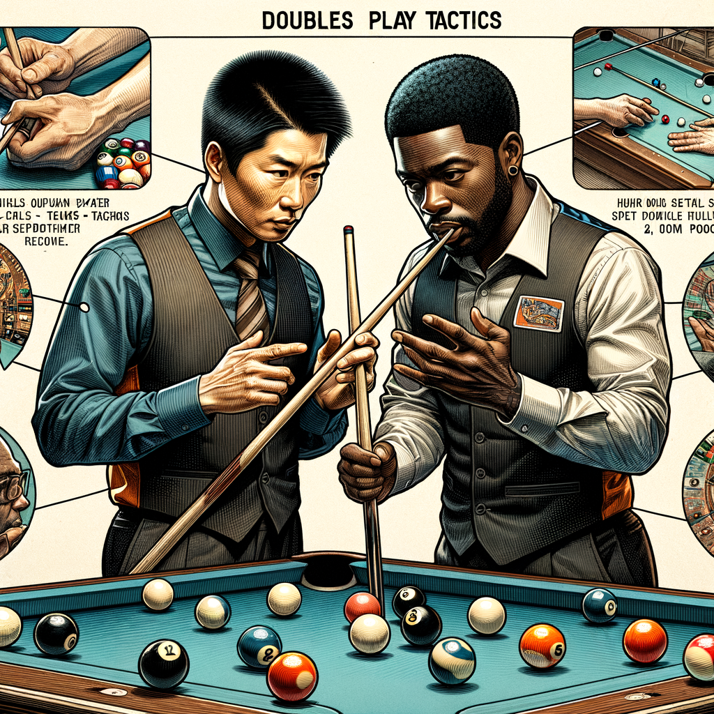 Professional billiards players discussing team tactics and doubles play techniques for a strategic billiards doubles game plan, highlighting the essence of pool team strategies and billiards doubles tactics.