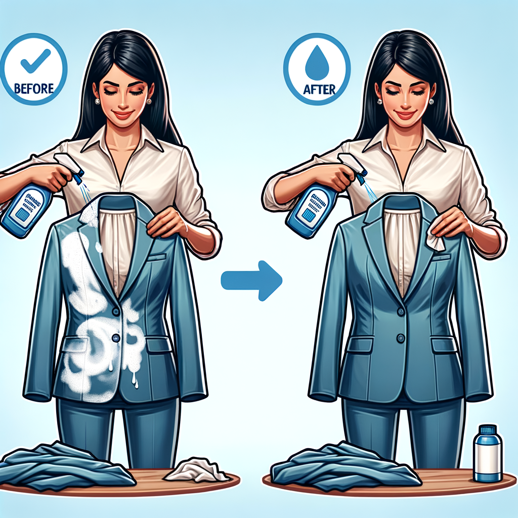 Professional woman demonstrating chalk stain removal from clothing, showcasing before and after effects for stain-free style, offering visual guide on removing chalk marks from fabric.