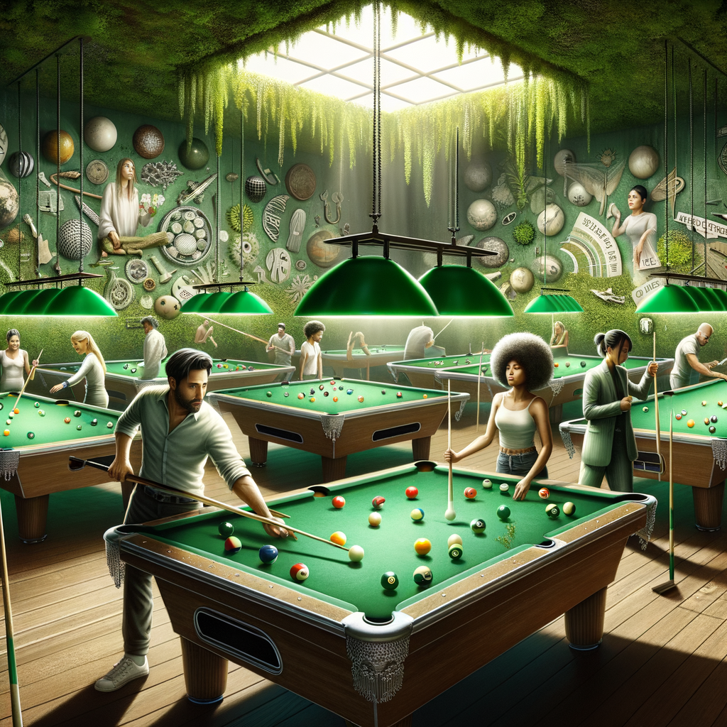 Eco-friendly billiards hall showcasing green game practices, sustainable billiards equipment, and solar-powered lights for environmentally friendly pool halls.