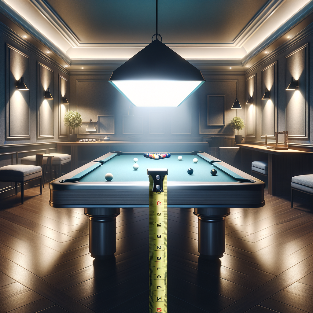 Optimal height for pool table light in a professional billiard room, showcasing perfect hang for pool light with a measuring tape for reference, providing a practical billiard light installation guide.