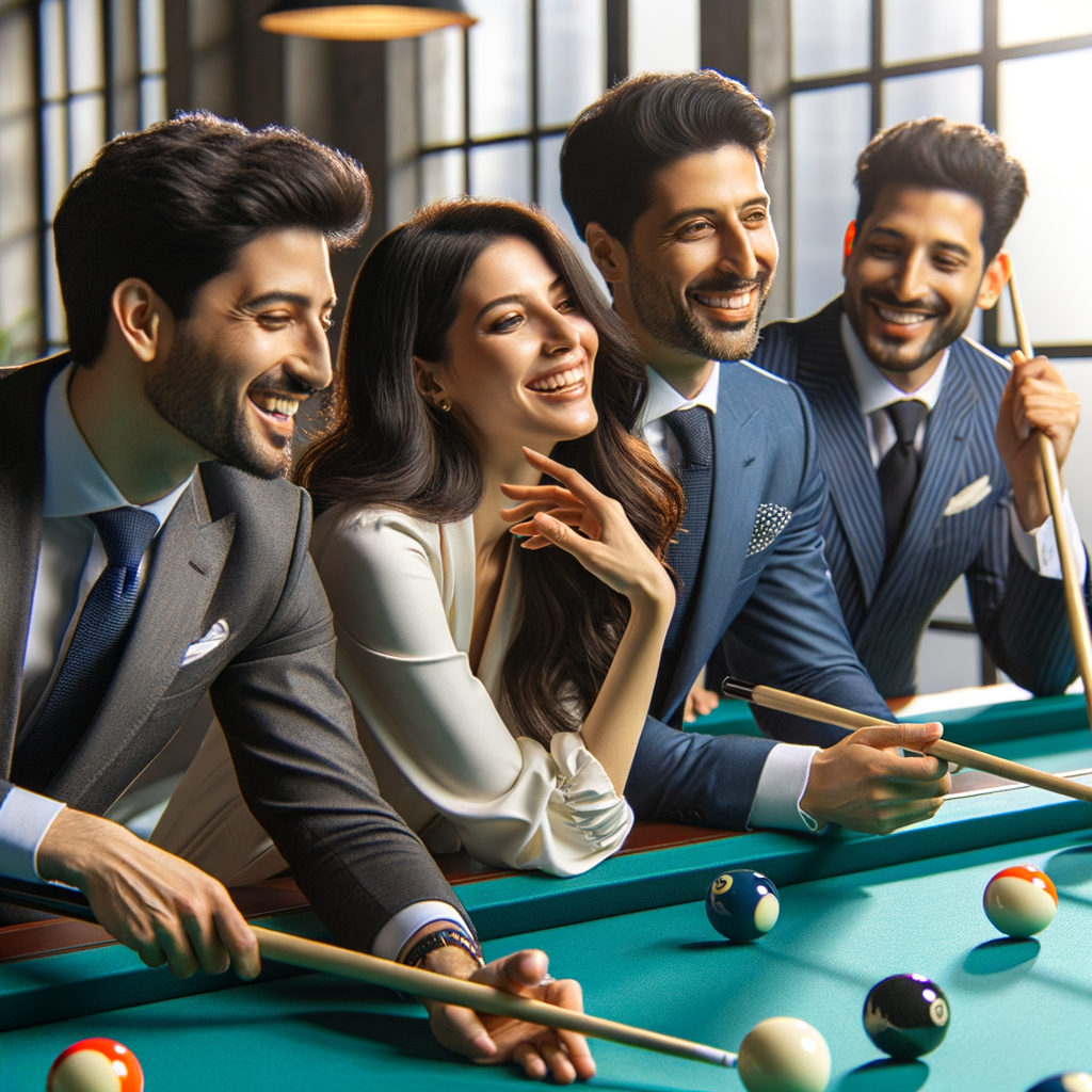 Business professionals demonstrating networking strategies during a friendly game of billiards, symbolizing the fusion of business networking activities and pool table business.