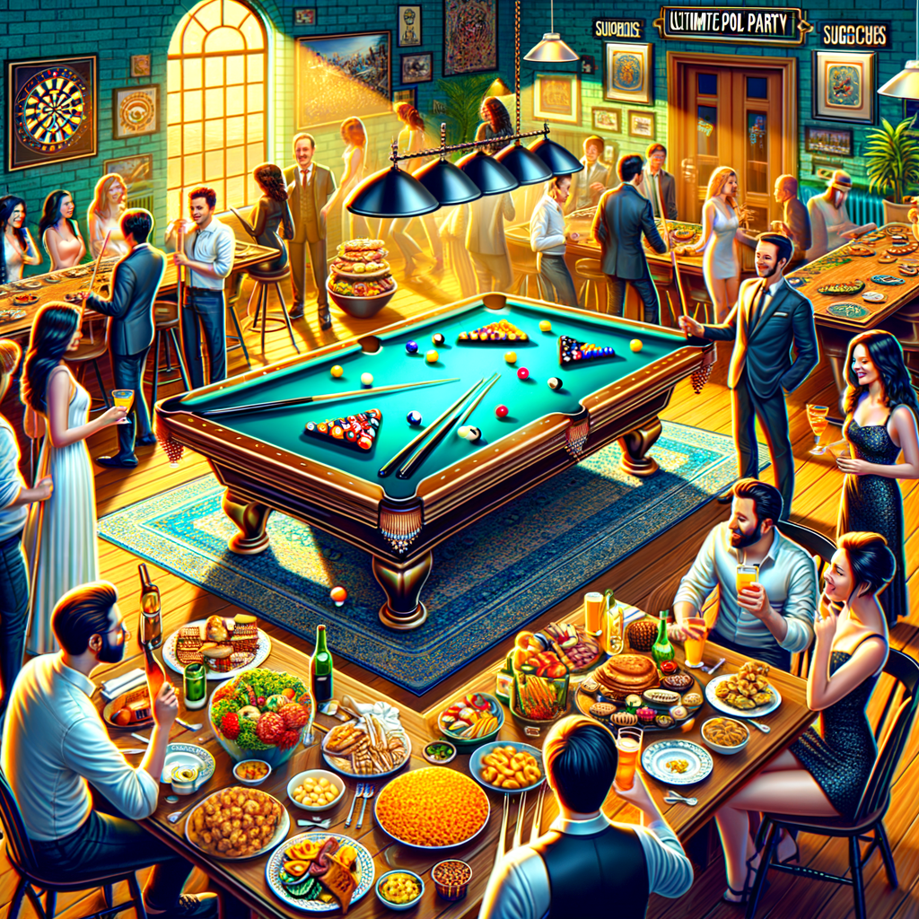 Indoor billiards night showcasing ultimate pool party guide ideas with guests enjoying pool party games, billiards party decorations, and food ideas for hosting a pool party around a polished pool table.