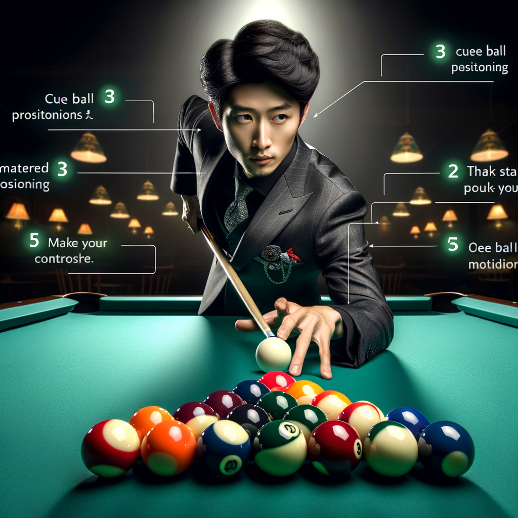 Professional billiard player demonstrating advanced pool playing strategies and mastering cue ball positioning using various cue ball control techniques for improved game strategy.