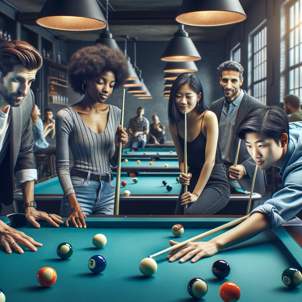 Diverse group of people enjoying the health benefits and wellness through playing billiards, emphasizing the physical and mental advantages of this healthy hobby for overall well-being.