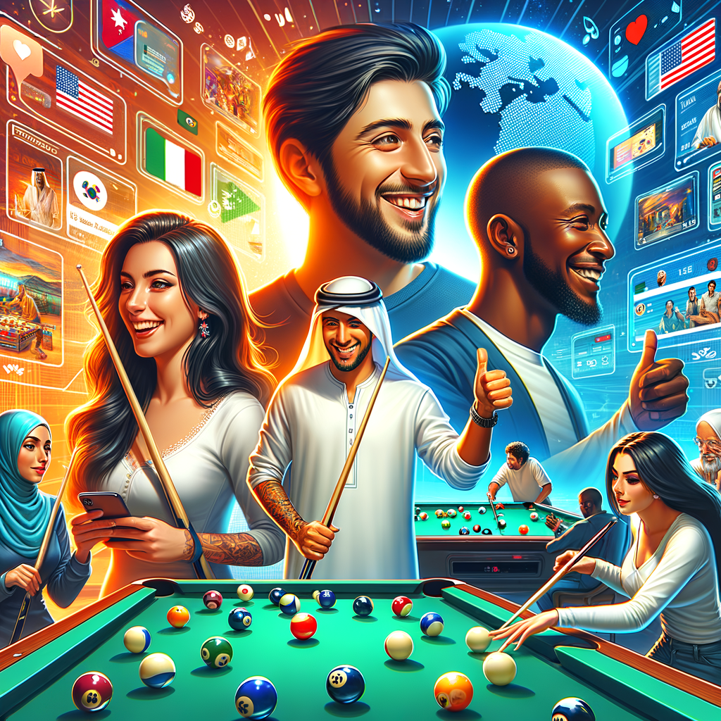 Enthusiastic members of diverse online billiards communities engaging in virtual pool tournaments, sharing tips on forums, and interacting in internet billiards clubs, reflecting the excitement of online pool games.