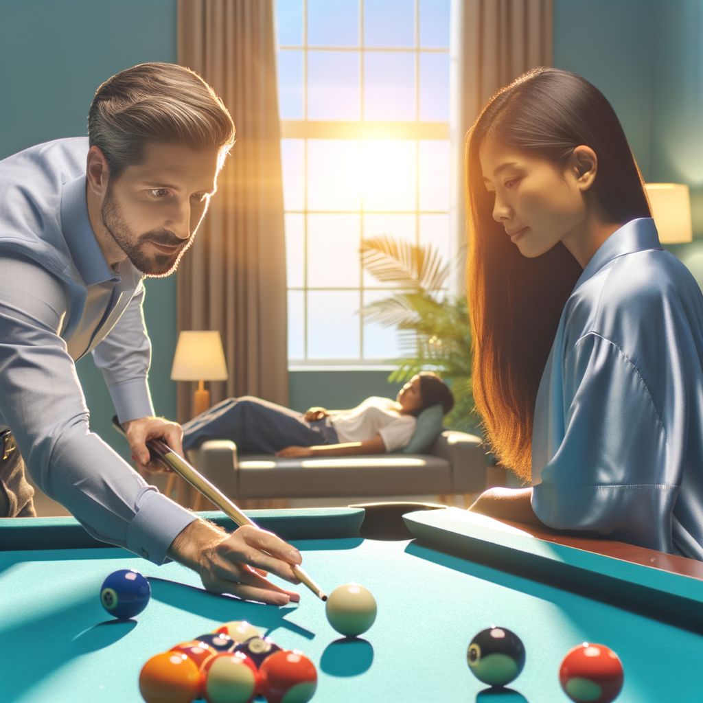 Professional therapist using billiards therapy in a serene room for patient's mental health and wellness, showcasing the therapeutic benefits and healing through pool games in rehabilitation.
