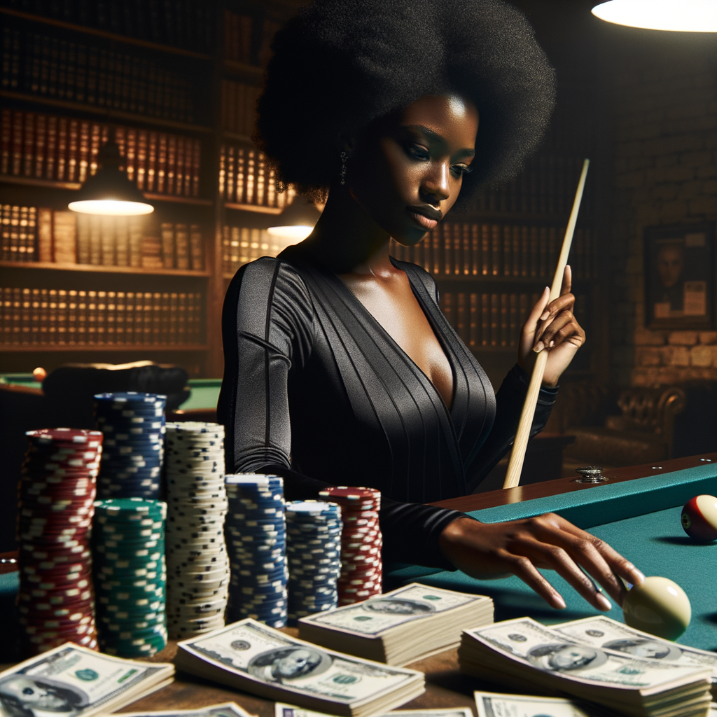 Professional pool player strategizing in a billiards game, with potential earnings from pool skills highlighted by stacks of money and business documents, illustrating the profitable billiards business and the thriving billiards industry.