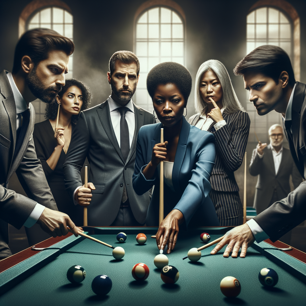 Businesspeople in a corporate billiards meeting, discussing pool table negotiations and strategies, exemplifying billiards diplomacy and making business deals over a game of billiards.