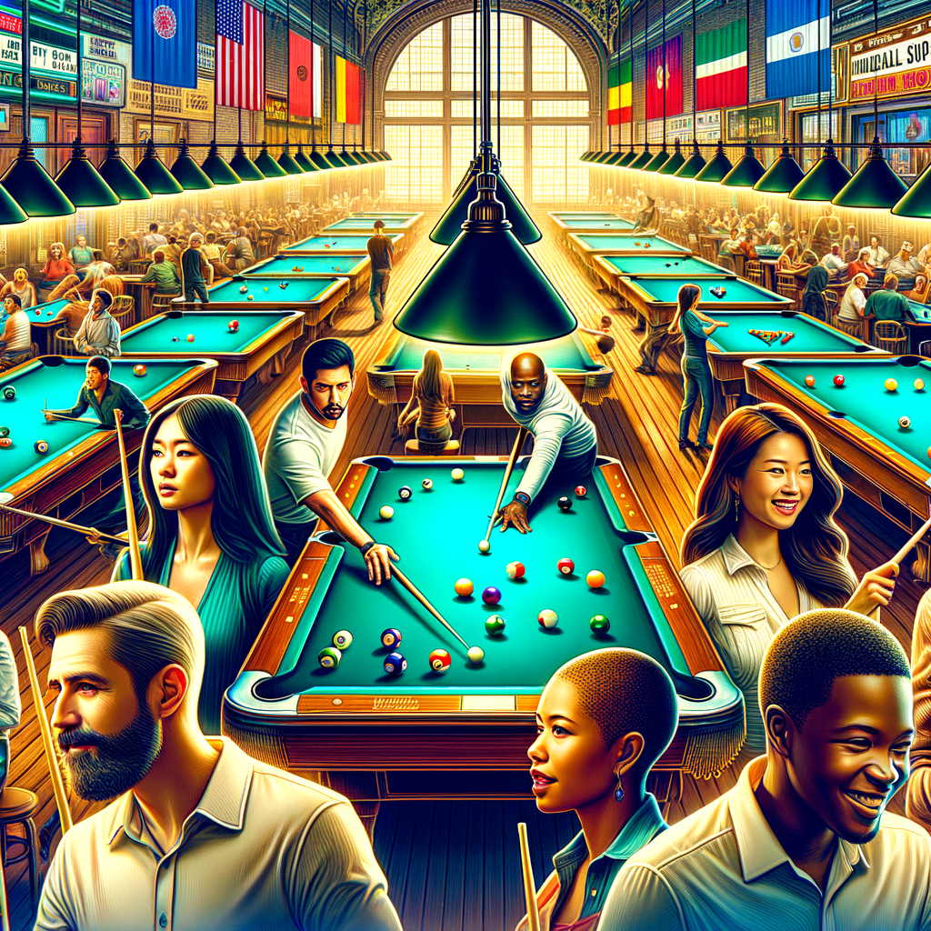 Players engrossed in a game at a bustling, well-lit New York billiards hall, showcasing the best billiards places in New York and the essence of NYC billiards culture.