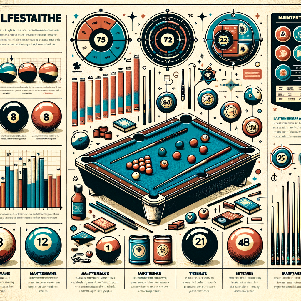 Infographic illustrating billiard ball durability, lifespan of billiard balls, and factors affecting pool ball lifespan including quality, maintenance, and replacement conditions.